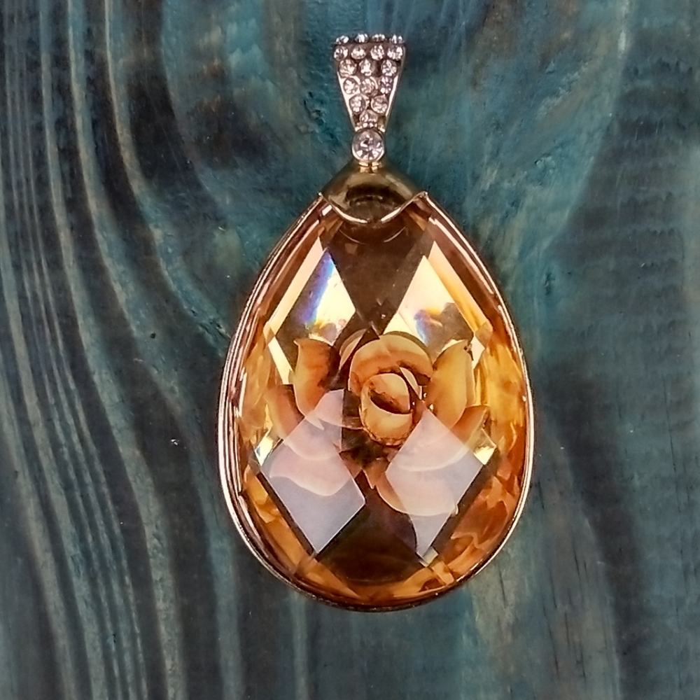 Champagne Rose Teardrop Pendant with Gold Toned Setting & Rhinestone Accents